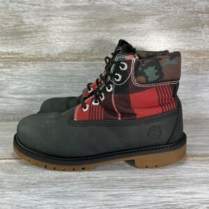 Timberland Boys Heritage 6" Waterproof Camo Plaid Black Leather Boots Size 3